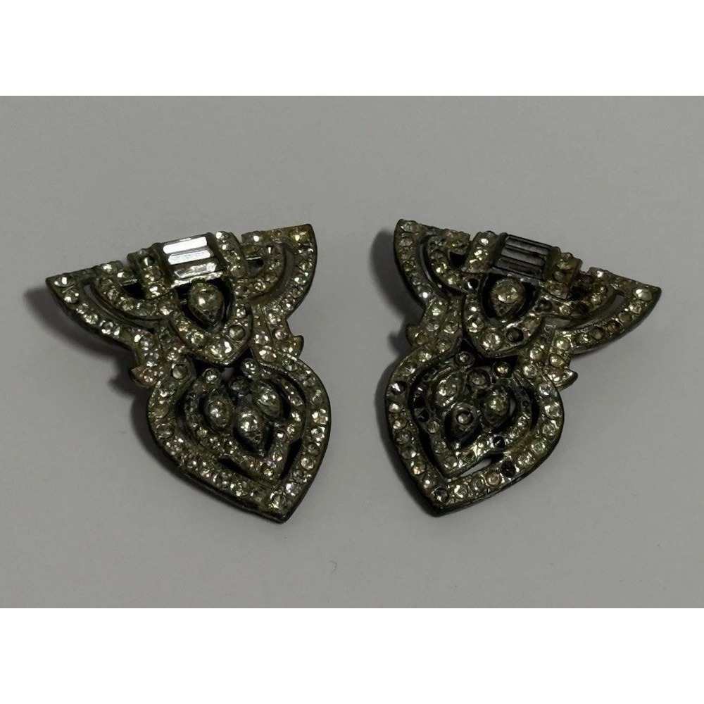 Vintage Art Deco Duette Rhinestone Dress Clips Set Only With No Brooch Frame